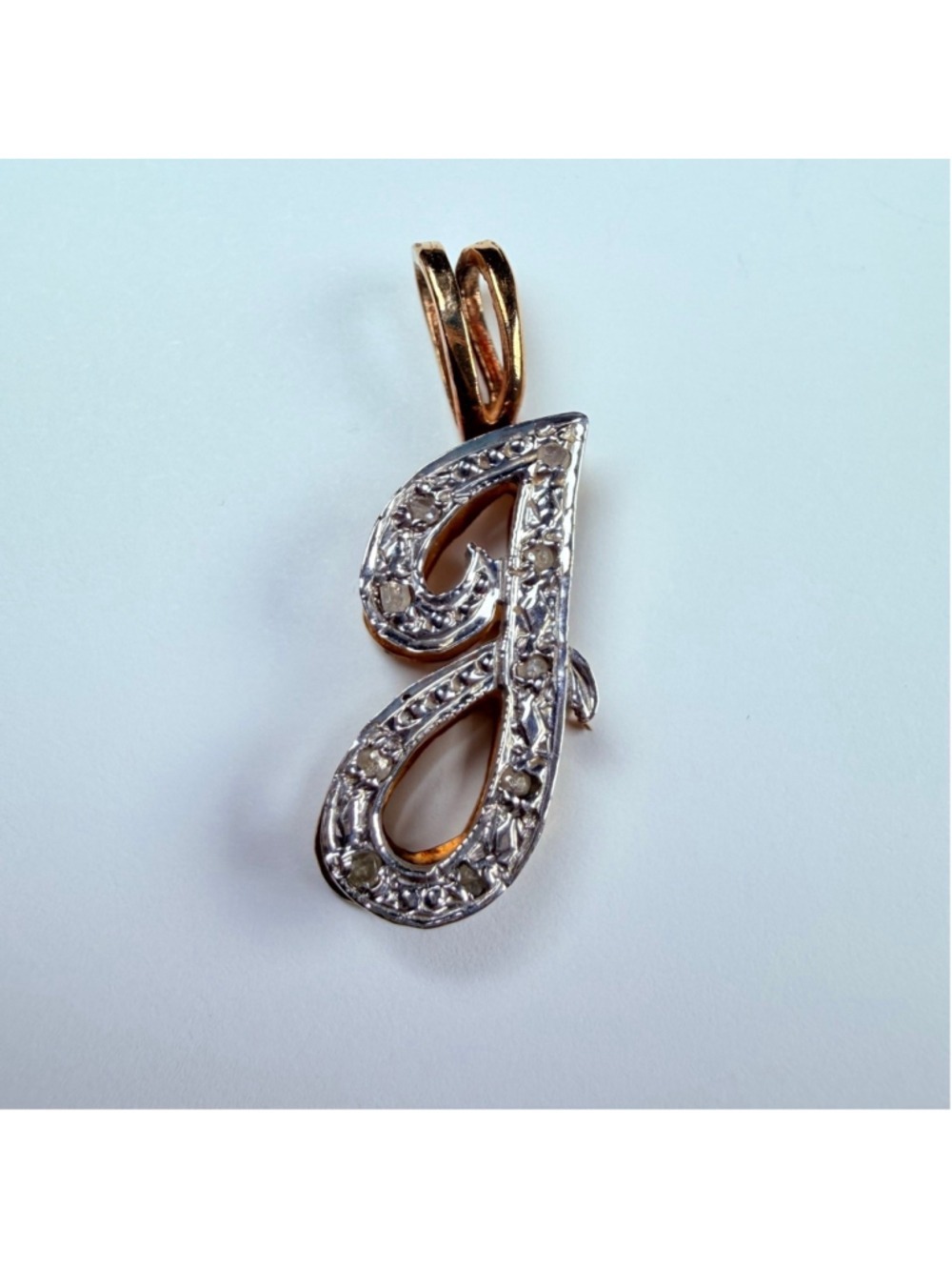 14K Solid Two Tone Gold Genuine Diamond Initial Letter "J" Custom VTG Pendant